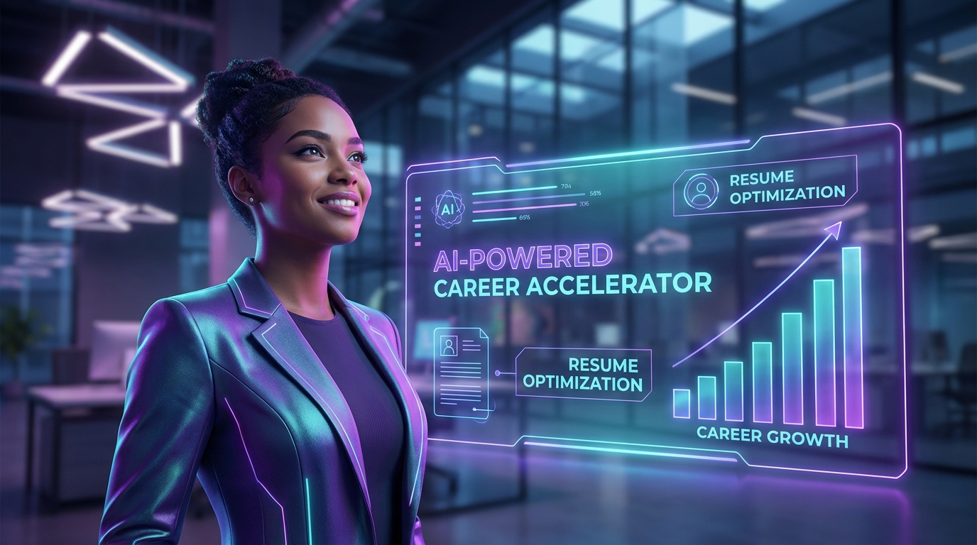 AI-powered career accelerator dashboard with a professional woman